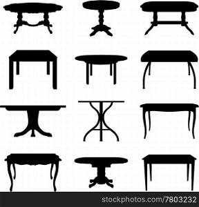 Collection of different tables silhouettes. Vector illustration.