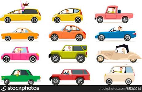 Collection of Different Types of Automobile Cabine. Collection isolated vector icons of vehicles. Private transport illustration types of automobile bodies. Traffic, driver, jeep, pickup, sedan. For learning different cars. Toys, stickers, models