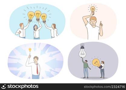Collection of diverse businesspeople with lightbulbs generate creative innovative business ideas. Set of employees with light bulbs brainstorm make business solution. Vector illustration.. Set of diverse businesspeople brainstorm make solution