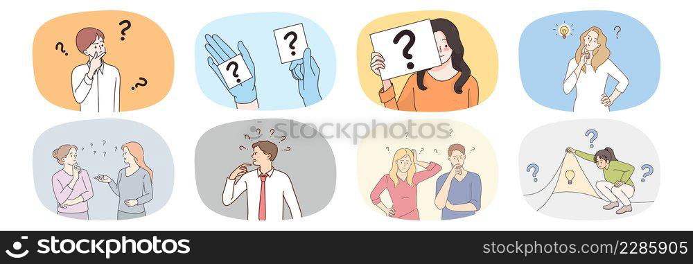 Collection of diverse look for answer to social dilemma or issue. Set of frustrated men and women with question marks find solution to problem. Choice and decision. Vector illustration. . Collection of people look for problem solution 