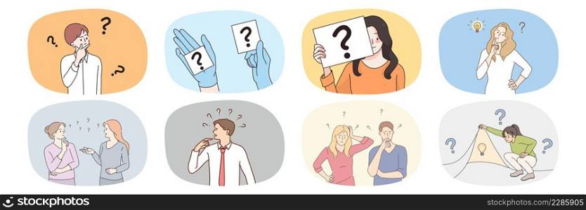 Collection of diverse look for answer to social dilemma or issue. Set of frustrated men and women with question marks find solution to problem. Choice and decision. Vector illustration. . Collection of people look for problem solution 