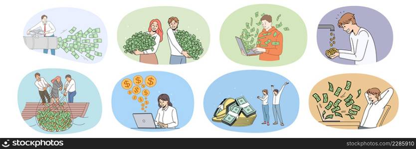 Collection of diverse people feel excited get dividend from successful investment. Set of happy men and women satisfied with financial income or revenue. Finance, bank. Vector illustration. . Collection of diverse people get income from investment
