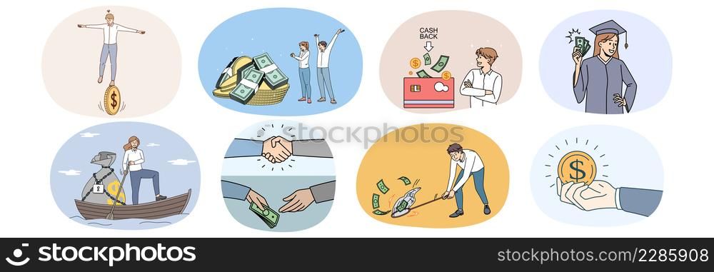 Collection of diverse people get passive income or revenue. Set of men and women feel excited receive dividend from successful investment. Banking and finances. Vector illustration. . Set of diverse people excited with financial profit