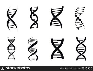 Collection of DNA deoxyribonucleic acid chains logo design in black and white colors, DNA logotypes of nucleotides carrying genetic instructions vector. Collection of DNA Deoxyribonucleic Acid Chain Logo