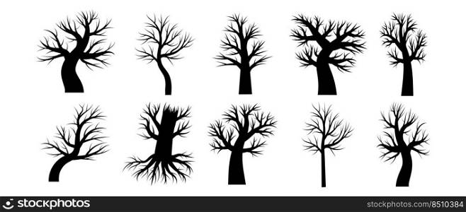 Collection of drawn silhouettes of trees without leaves and foliage. The tree is dry and dead in winter, spring and autumn. Vector illustration in black and white. Collection of drawn silhouettes of trees without leaves and foliage. The tree is dry and dead in winter, spring and autumn. Vector illustration in black and white.