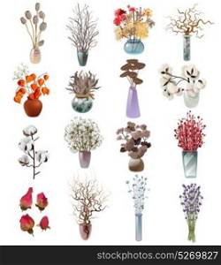 Collection Of Dry Flowers Bouquets In Vases . Collection of colorful bouquets in vases of various shapes with dry flowers for designers florists on white background flat vector illustration