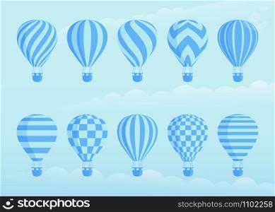 Collection of duotone vector hot air balloons. Zig zags, wavy lines, striped or checkered patterns on vintage style hot air balloon with basket at cloud background for sky holiday adventure design. Collection of duotone vector hot air balloons
