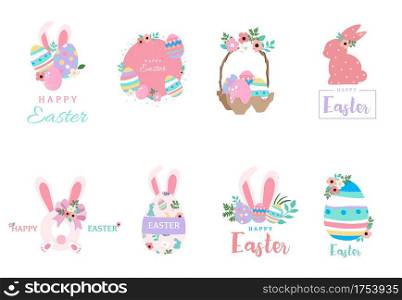 Collection of easter object set with rabbit,egg,flower,wreath.Editable vector illustration for website, invitation,postcard and sticker