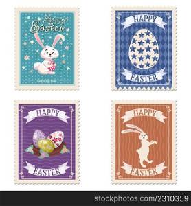Collection of Easter postal st&s, bunnies, eggs, retro graphic. Vintage, vector isolated. Collection of Easter postal st&s, bunnies, eggs, retro graphic. Vintage vector