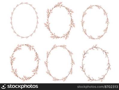 Collection of Easter willow wreaths. Oval wreath of willow stems.Vector flat illustration isolated on a white background. Design for invitations, postcards, and printing.. Collection of Easter willow wreaths. Oval wreath 