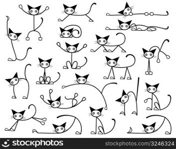 Collection of editable vector cat sketches in various positions