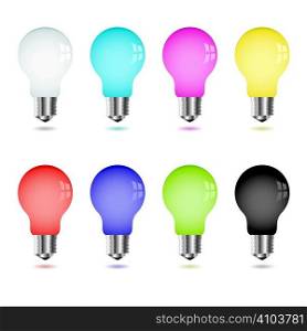 Collection of eight brightly coloured light bulbs with shadow