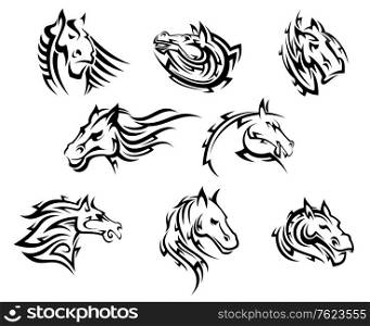 Collection of eight different horse tribal tattoos designs in black and white