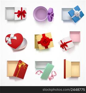 Collection of eight isolated top view realistic gift boxes with top cover and different ornament patterns vector illustration. Versatile Gift Boxes Set