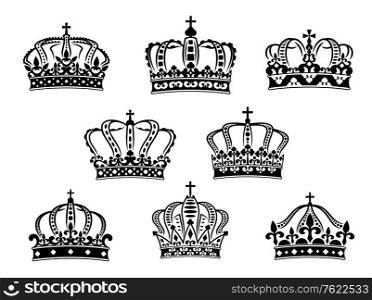 Collection of eight vintage heraldic royal crowns of different ornate shapes and calligraphic designs in black on a white background
