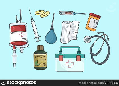 Collection of emergency medical tools for patient or victim. Set of ambulance medicine equipment, medication and drugs in hospital or clinic. Healthcare concept. Flat vector illustration. . Set of emergency medicine tools and drugs