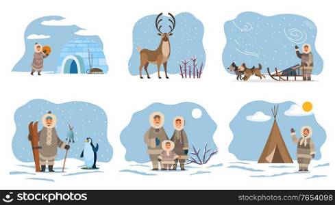 Collection of eskimos people by home made of ice. Igloo and inuit, male character with fish on stick and penguin. Deer with long horns, animal of north. Man with dogs on sleds, vector in flat. Eskimos Families and Characters with Animals Set
