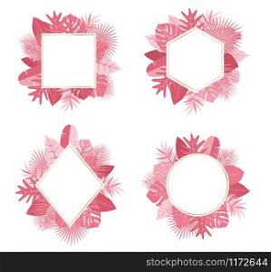 Collection of exotic botanical design tropical pink leaves frame vector set on white background - Vector illustration