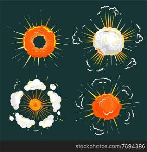 Collection of explosions, isolated icons set. Outbreak or blast with fume and fire. Flame and smoke caused by eruption or burst of energy. Fireball flaming spheres. Vector in flat style illustration. Explosion Fireball, Blast with Flame and Fume Set