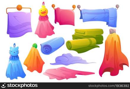 Collection of fabric towels hanging on dryer, lying, in stack and roll. Vector cartoon set of soft cloth towels and textile napkin for bathroom, kitchen and shower isolated on white background. Set of towels hanging, lying, in stack and roll