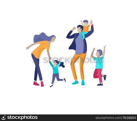 Collection of family hobby activities. Happy Mother, father and children dansing and jumping together. Cartoon vector illustration. Collection of family hobby activities. Happy Mother, father and children dansing and jumping together. Cartoon vector