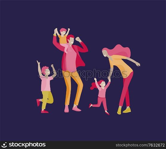 Collection of family hobby activities. Happy Mother, father and children dansing and jumping together. Cartoon vector illustration. Collection of family hobby activities. Happy Mother, father and children dansing and jumping together. Cartoon vector