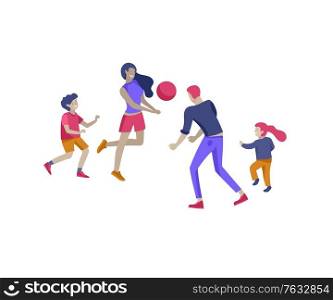 Collection of family hobby activities. Mother, father and children play ball together. Cartoon vector illustration. Collection of family hobby activities. Mother, father and children play ball together. Cartoon vector