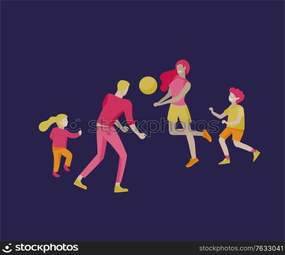 Collection of family hobby activities. Mother, father and children play ball together. Cartoon vector illustration. Collection of family hobby activities. Mother, father and children play ball together. Cartoon vector