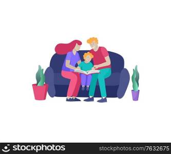 Collection of family hobby activities . Mother, father and children read book and teach child. Cartoon illustration. Collection of family hobby activities . Mother, father and children read book and teach child. Cartoon