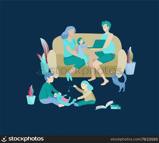 Collection of family hobby activities. Mother, father and children relaxing at home together, kids play with cat. Cartoon vector illustration. Collection of family hobby activities. Mother, father and children relaxing at home together, kids play with cat. Cartoon vector