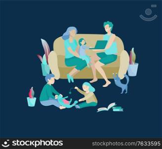 Collection of family hobby activities. Mother, father and children relaxing at home together, kids play with cat. Cartoon vector illustration. Collection of family hobby activities. Mother, father and children relaxing at home together, kids play with cat. Cartoon vector