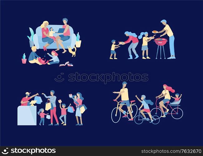 Collection of family hobby activities. Mother, father and children riding bikes, preparing barbecue, shopping, relaxing at home together, cycling. Cartoon vector illustration. Collection of family hobby activities. Mother, father and children riding bikes, preparing barbecue, shopping, relaxing at home together, cycling. Cartoon vector