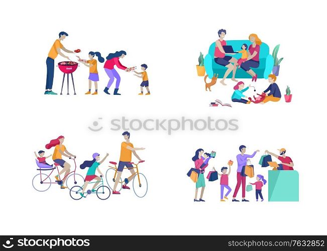 Collection of family hobby activities. Mother, father and children riding bikes, preparing barbecue, shopping, relaxing at home together, cycling. Cartoon vector illustration. Collection of family hobby activities. Mother, father and children riding bikes, preparing barbecue, shopping, relaxing at home together, cycling. Cartoon vector