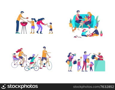 Collection of family hobby activities. Mother, father and children riding bikes, preparing barbecue, shopping, relaxing at home together, cycling. Cartoon vector illustration. Collection of family hobby activities. Mother, father and children riding bikes, preparing barbecue, shopping, relaxing at home together, cycling. Cartoon vector