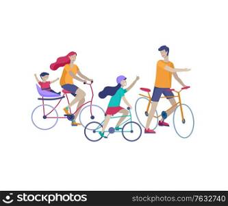 Collection of family hobby activities. Mother, father and children riding bikes together. Cartoon vector illustration. Collection of family hobby activities. Mother, father and children riding bikes, walking, roller skating, play to ball and dansing together. Cartoon vector