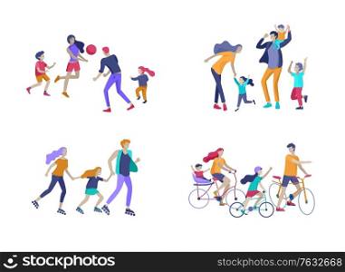 Collection of family hobby activities. Mother, father and children riding bikes, walking, roller skating, play to ball and dansing together. Cartoon vector illustration. Collection of family hobby activities. Mother, father and children riding bikes, walking, roller skating, play to ball and dansing together. Cartoon vector