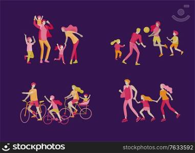 Collection of family hobby activities. Mother, father and children riding bikes, walking, roller skating, play to ball and dansing together. Cartoon vector illustration. Collection of family hobby activities. Mother, father and children riding bikes, walking, roller skating, play to ball and dansing together. Cartoon vector