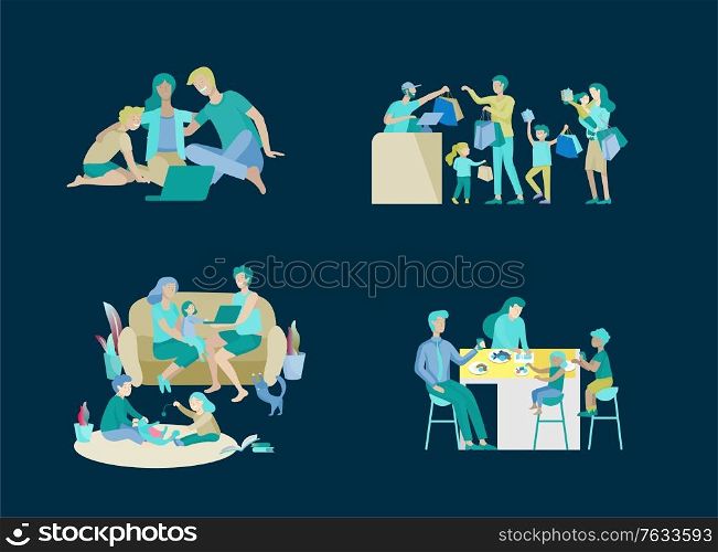 Collection of family hobby activities. Mother, father and children shopping, relaxing at home, watching a movie on laptop, having dinner together. Cartoon vector illustration. Collection of family activities. Mother, father and children shopping, relaxing at home, watching a movie on laptop, having dinner together. Cartoon vector