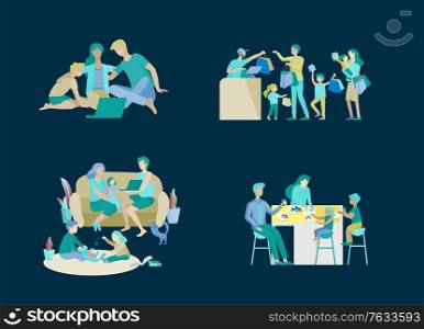Collection of family hobby activities. Mother, father and children shopping, relaxing at home, watching a movie on laptop, having dinner together. Cartoon vector illustration. Collection of family activities. Mother, father and children shopping, relaxing at home, watching a movie on laptop, having dinner together. Cartoon vector