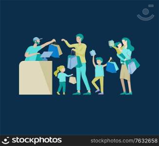 Collection of family hobby activities. Mother, father and children shopping together. Cartoon vector illustration. Collection of family activities. Mother, father and children shopping, relaxing at home, watching a movie on laptop, having dinner together. Cartoon vector