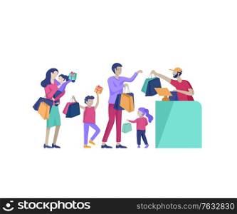 Collection of family hobby activities. Mother, father and children shopping together. Cartoon vector illustration. Collection of family activities. Mother, father and children shopping, relaxing at home, watching a movie on laptop, having dinner together. Cartoon vector