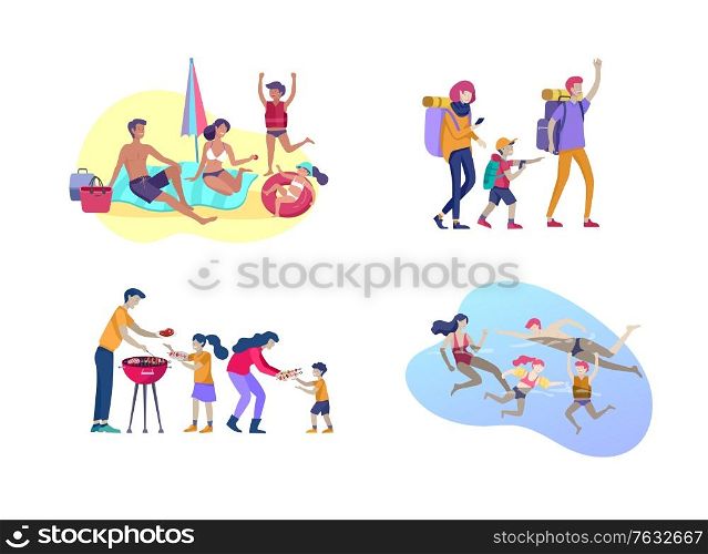 Collection of family hobby activities. Mother, father and children sunbathing, swimming, hiking, traveling, preparing barbecue together. Cartoon vector illustration. Collection of family activities. Mother, father and children sunbathing, swimming, hiking, traveling, preparing barbecue together. Cartoon vector