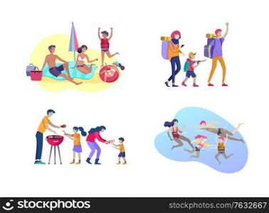 Collection of family hobby activities. Mother, father and children sunbathing, swimming, hiking, traveling, preparing barbecue together. Cartoon vector illustration. Collection of family activities. Mother, father and children sunbathing, swimming, hiking, traveling, preparing barbecue together. Cartoon vector