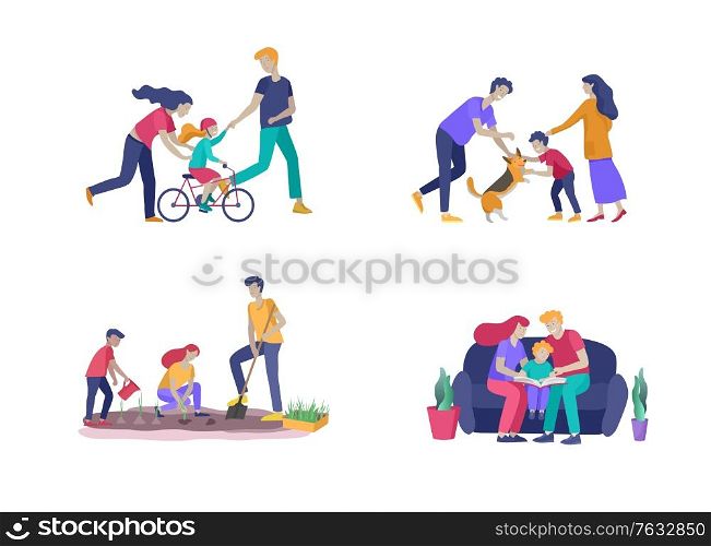 Collection of family hobby activities . Mother, father and children teach daughter to ride bike, play with dog corgi, read book and teach child, gardening and plant sprouts. Cartoon illustration. Collection of family hobby activities . Mother, father and children teach daughter to ride bike, play with dog corgi, read book and teach child, gardening and plant sprouts together. Cartoon