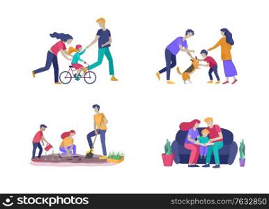 Collection of family hobby activities . Mother, father and children teach daughter to ride bike, play with dog corgi, read book and teach child, gardening and plant sprouts. Cartoon illustration. Collection of family hobby activities . Mother, father and children teach daughter to ride bike, play with dog corgi, read book and teach child, gardening and plant sprouts together. Cartoon