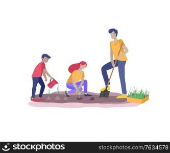 Collection of family hobby activities . Mother, father and children teach daughter to gardening and plant sprouts. Cartoon illustration. Collection of family hobby activities . Mother, father and children teach daughter to gardening and plant sprouts. Cartoon