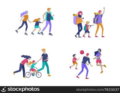 Collection of family hobby activities. Mother, father and children teach daughter to ride bike, walking hiking and treveling, roller skating, play ball together. Cartoon vector illustration. Collection of family hobby activities. Mother, father and children teach daughter to ride bike, walking hiking and treveling, roller skating, play ball together. Cartoon vector