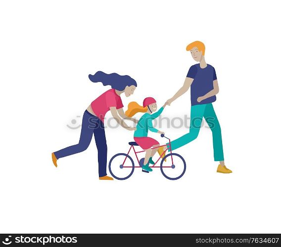 Collection of family hobby activities. Mother, father and children teach daughter to ride bike together. Cartoon vector illustration. Collection of family hobby activities. Mother, father and children teach daughter to ride bike together. Cartoon vector