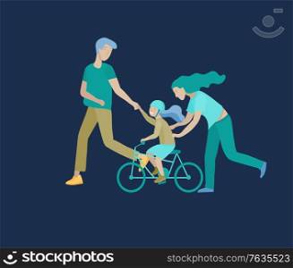 Collection of family hobby activities. Mother, father and children teach daughter to ride bike together. Cartoon vector illustration. Collection of family hobby activities. Mother, father and children teach daughter to ride bike together. Cartoon vector