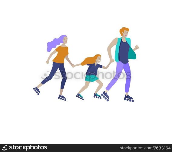 Collection of family hobby activities. Mother, father and children teach ride roller skating together. Cartoon vector illustration. Collection of family hobby activities. Mother, father and children teach daughter to ride bike, walking hiking and treveling, roller skating, play ball together. Cartoon vector